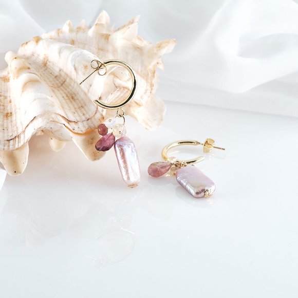 Baroque Pearl & Opal Tourmaline Cluster Earrings, 14K Gold Filled Half Hoops - Picture 7 of 10